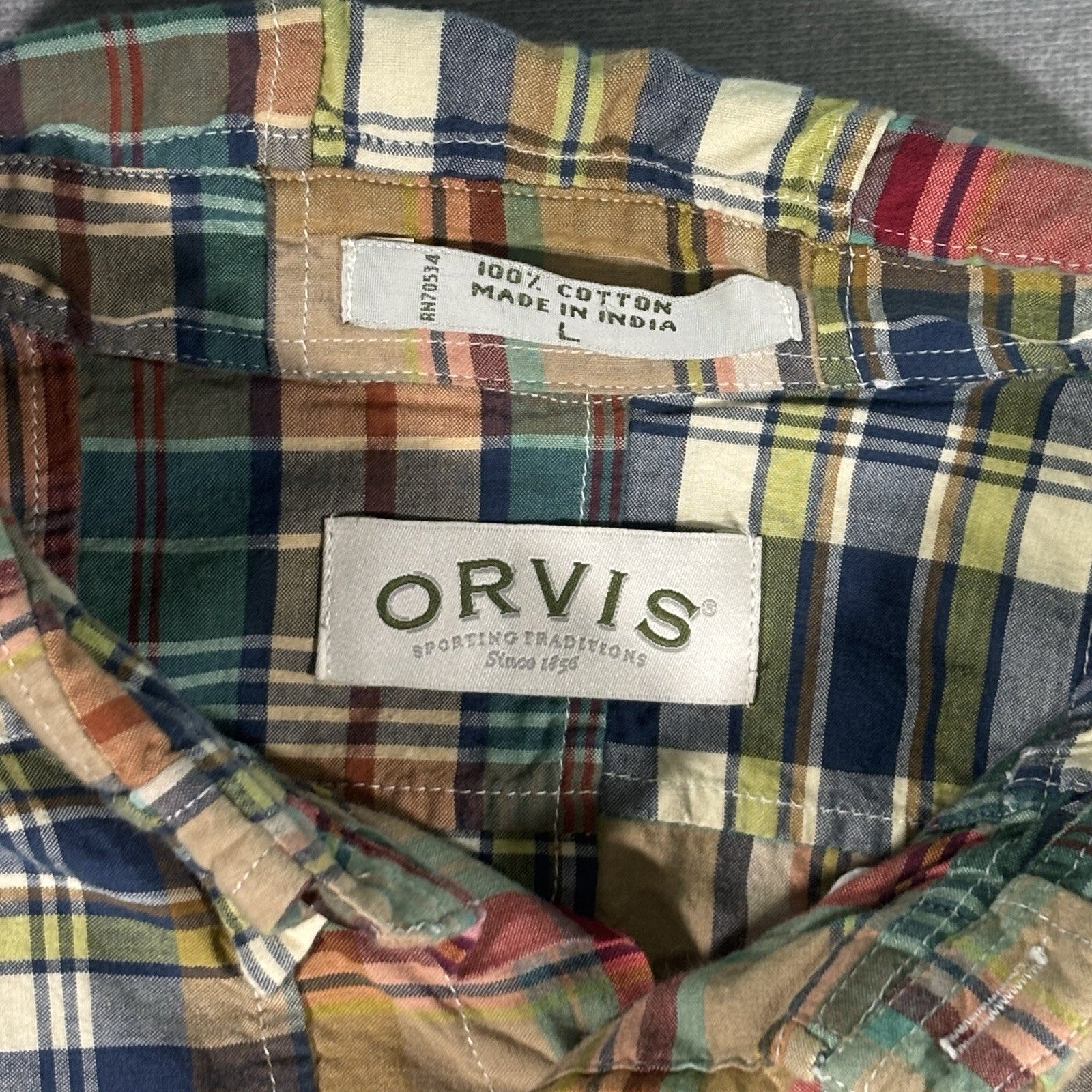Orvis Plaid Madras Patchwork Long Sleeve Shirt Size Large