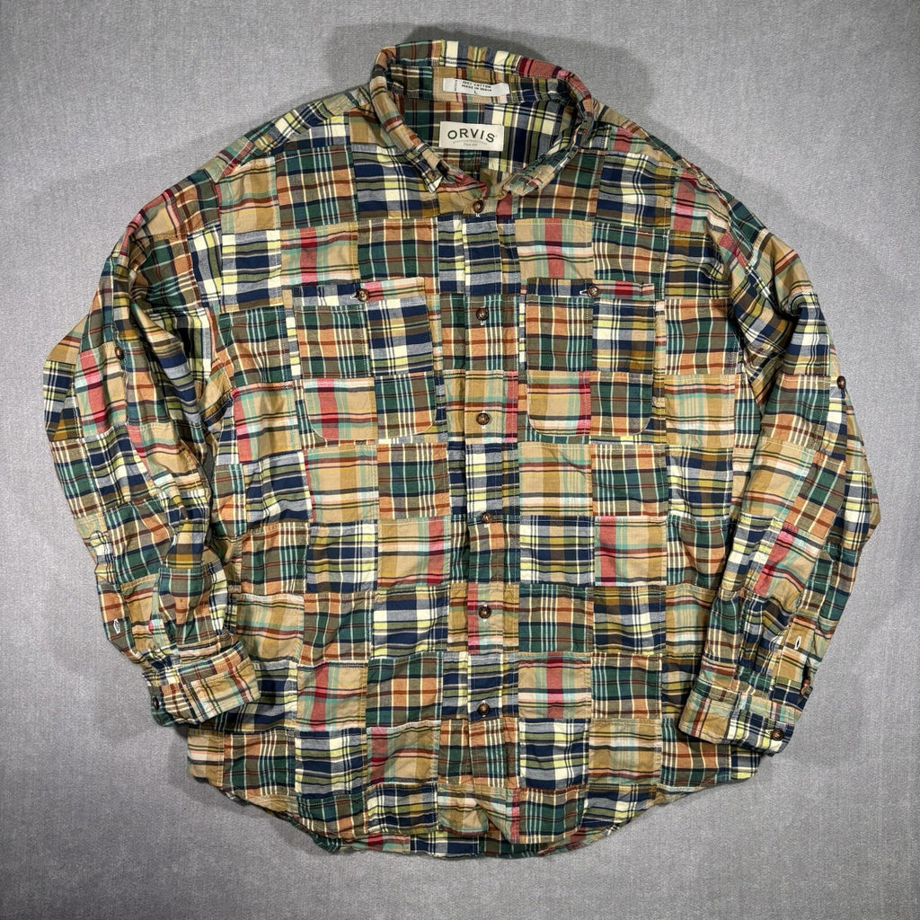 Orvis Plaid Madras Patchwork Long Sleeve Shirt Size Large