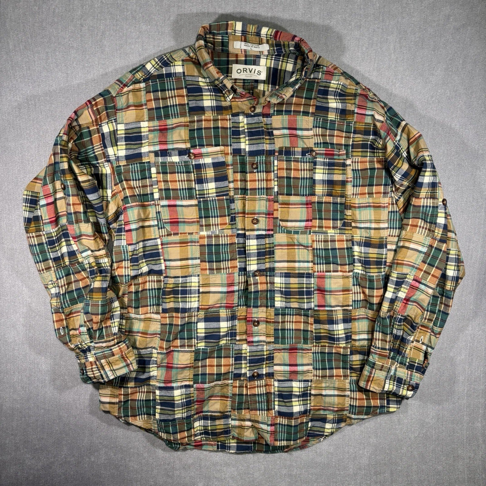 Orvis Plaid Madras Patchwork Long Sleeve Shirt Size Large